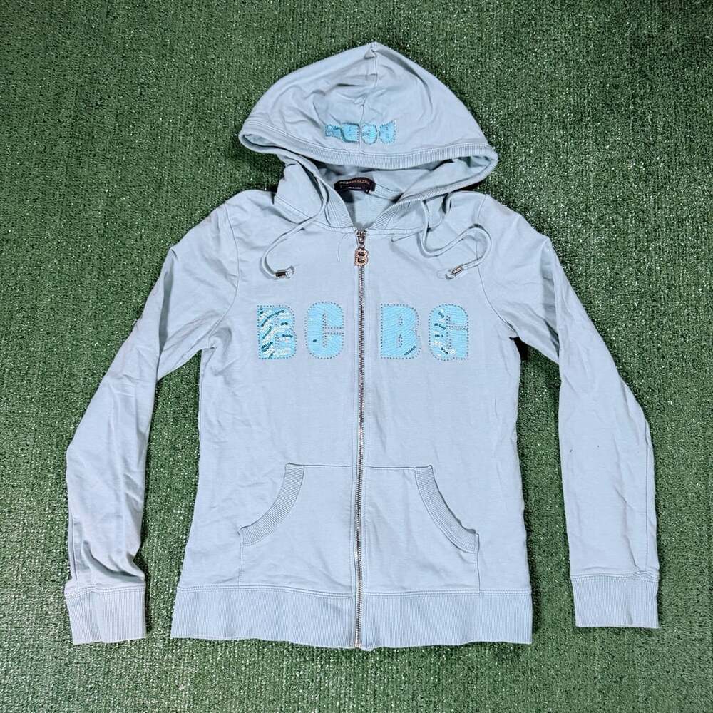 Y2K Womens BCBGMAXAZRIA Blue Sequin Logo Zip-Up Hoodie Size Small